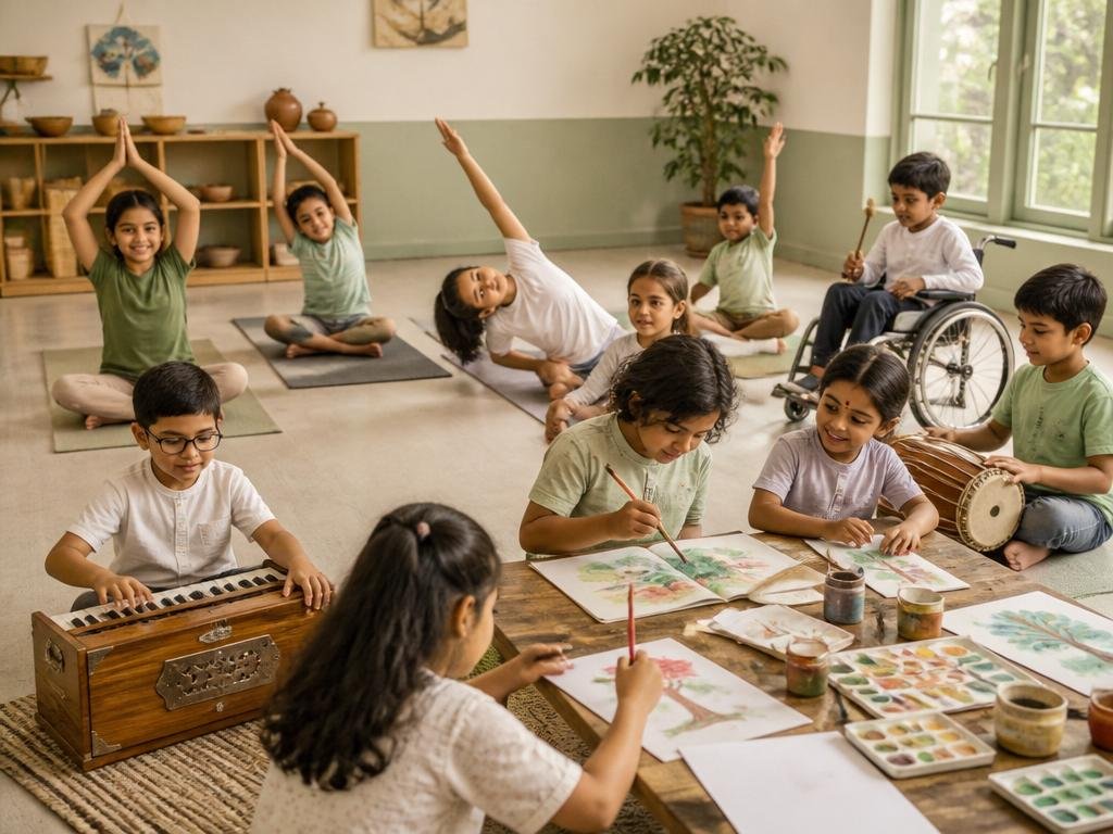 Children participating in yoga, art, and music activities at Voila Juniors