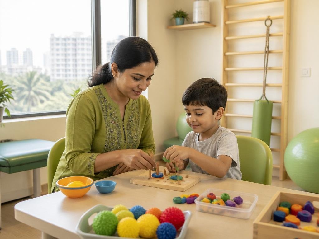 A therapist working with a child during a sensory activity at Voila Juniors